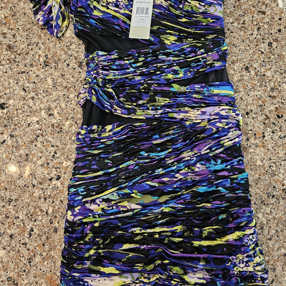 BCBG MAXAZRIA RUNWAY One Shoulder Ruched Mutlicolor  NWT $ 378 Size XXS